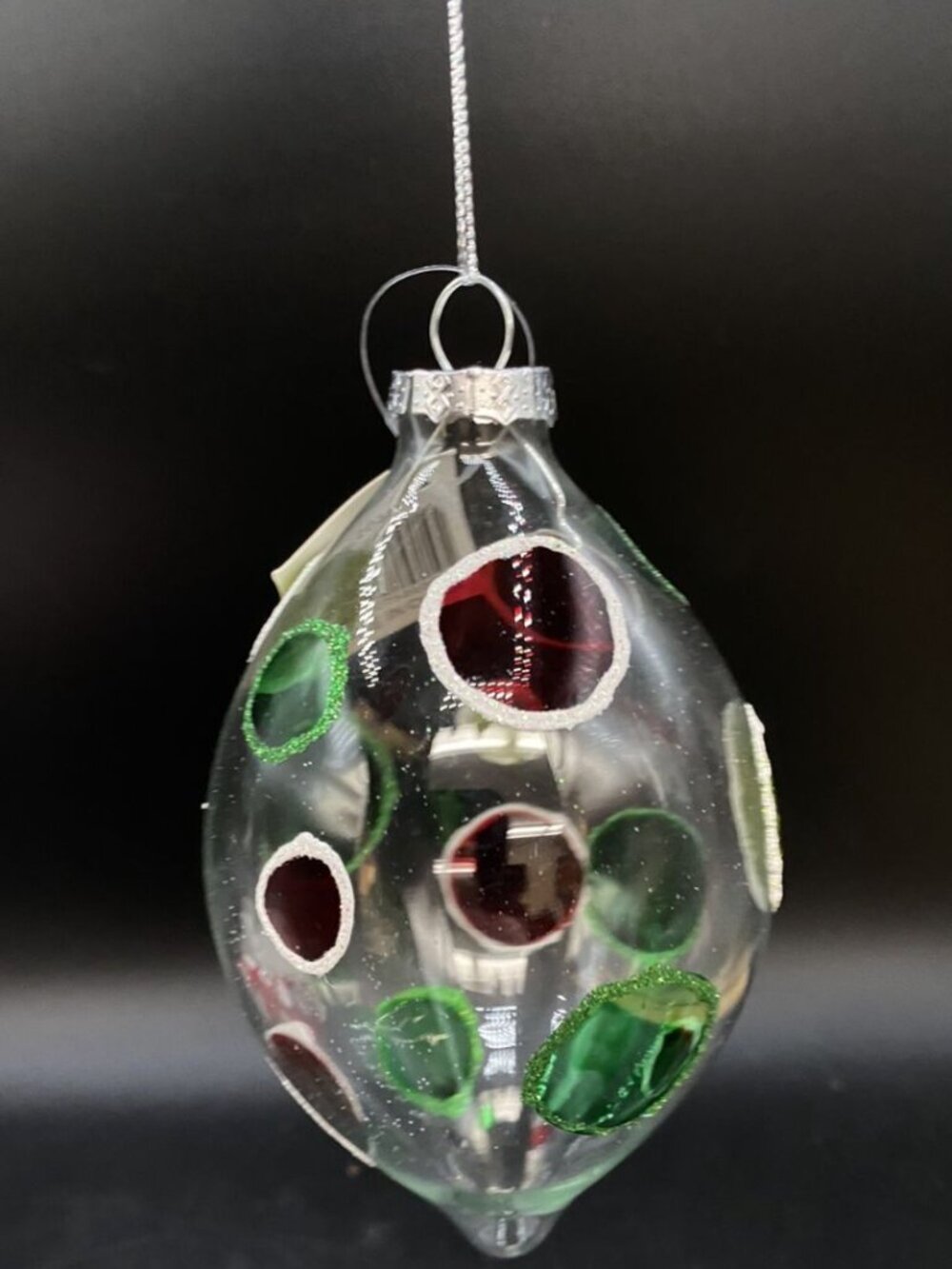Melrose Blown Clear Glass Polka Dot Glitter Ornament 5.5” Vintage